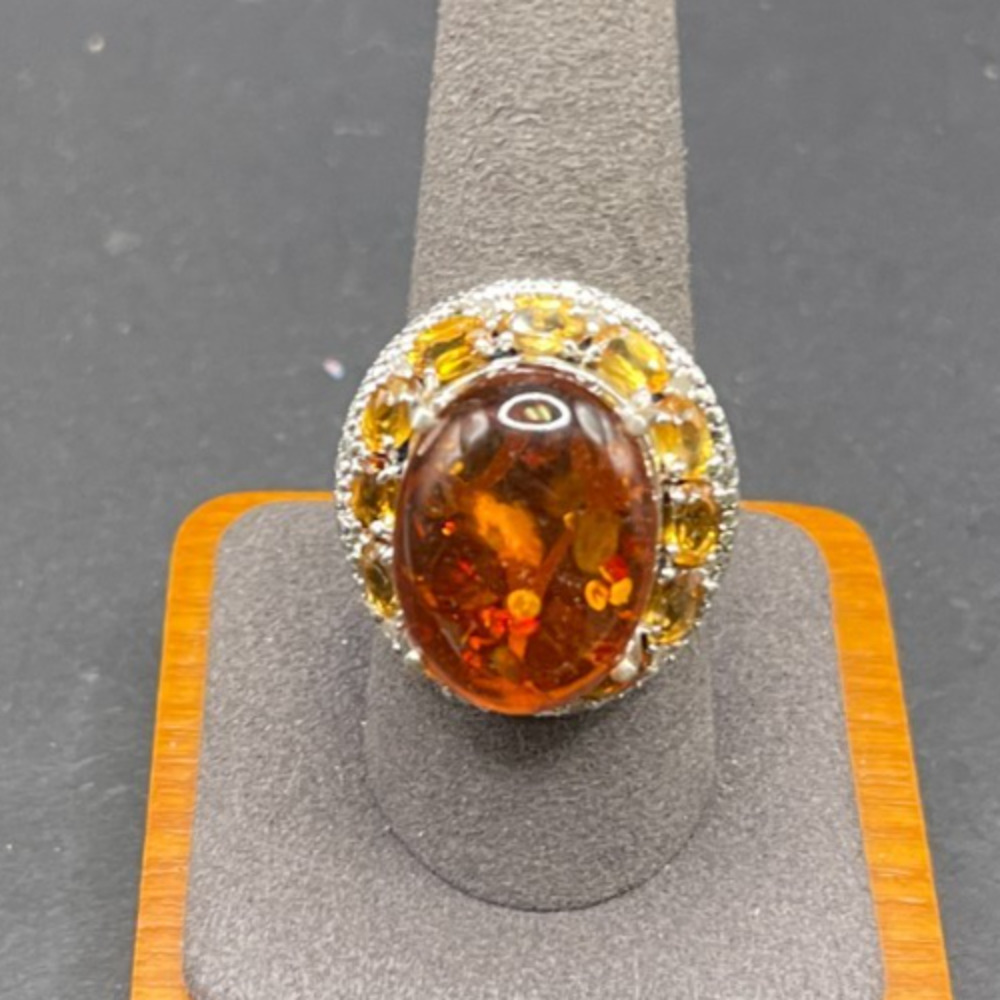 Vtg Sterling Silver 925 Cognac Amber Citrine Halo Cocktail Ring Size 9